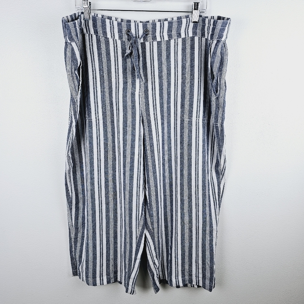 Per Se Blue & White Linen Blend Striped Capri Cropped Pants, size 1X